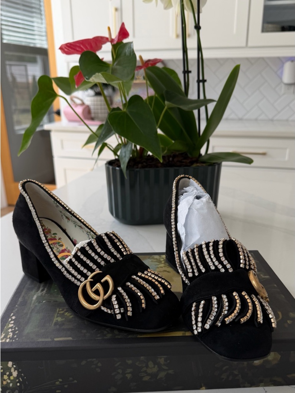 NEW Gucci Black Suede Crystal-Trim Block Heel Pumps with Gold Hardware 36.5